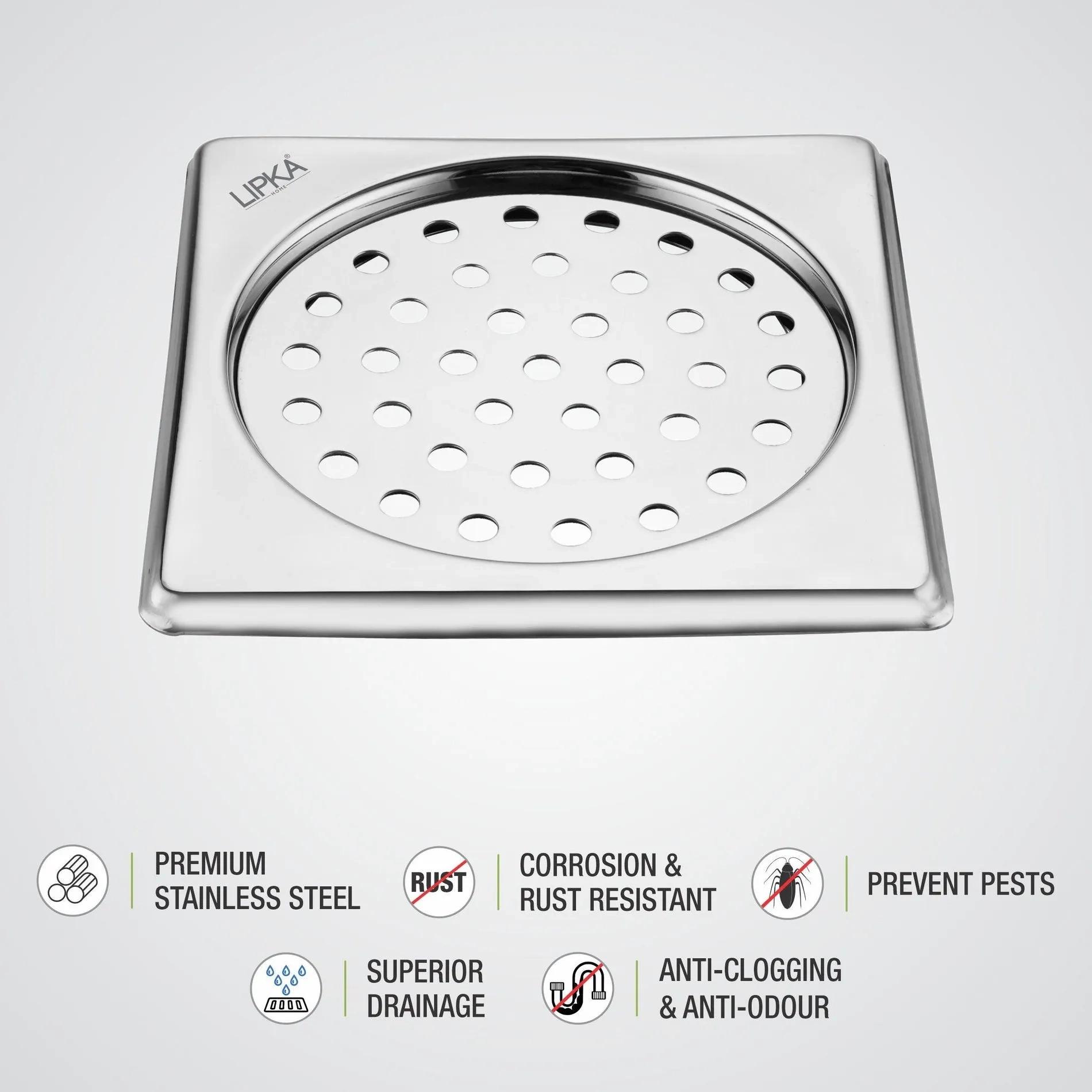 Lipka Eon Square Floor Drain with Plain Jali (5 x 5 Inches) 2