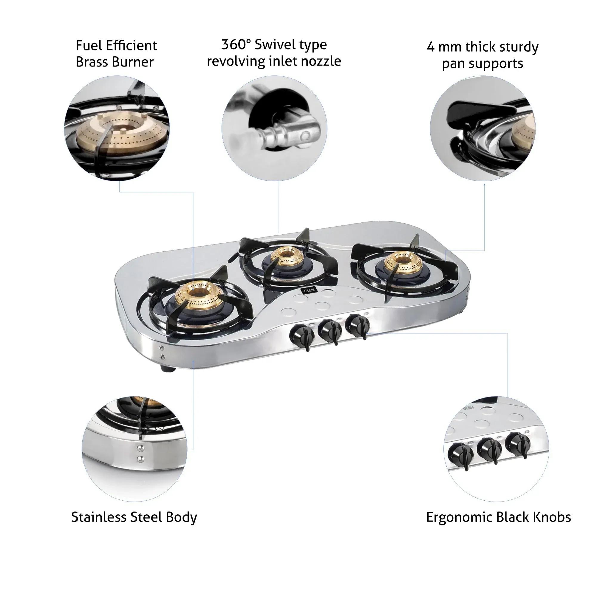 Glen 3 Burner Stainless Steel LPG Gas Stove 72 cm|High Flame Brass Burners|360° Revolving Inlet Nozzle|Manual Ignition|ISI Certified|2 Year Warranty 4