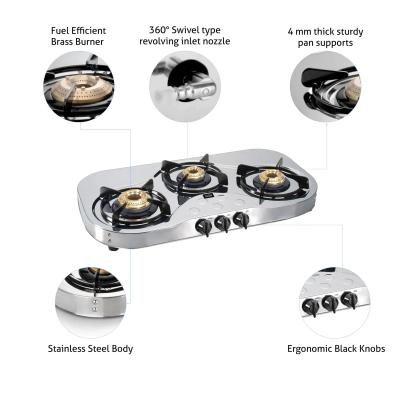 Glen 3 Burner Stainless Steel LPG Gas Stove 72 cm|High Flame Brass Burners|360° Revolving Inlet Nozzle|Manual Ignition|ISI Certified|2 Year Warranty 4