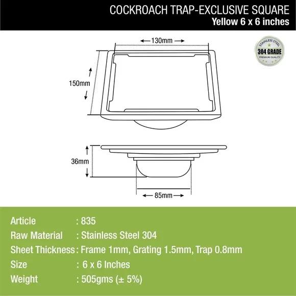 Lipka Yellow Exclusive Square Floor Drain (6 x 6 Inches) with Cockroach Trap 2