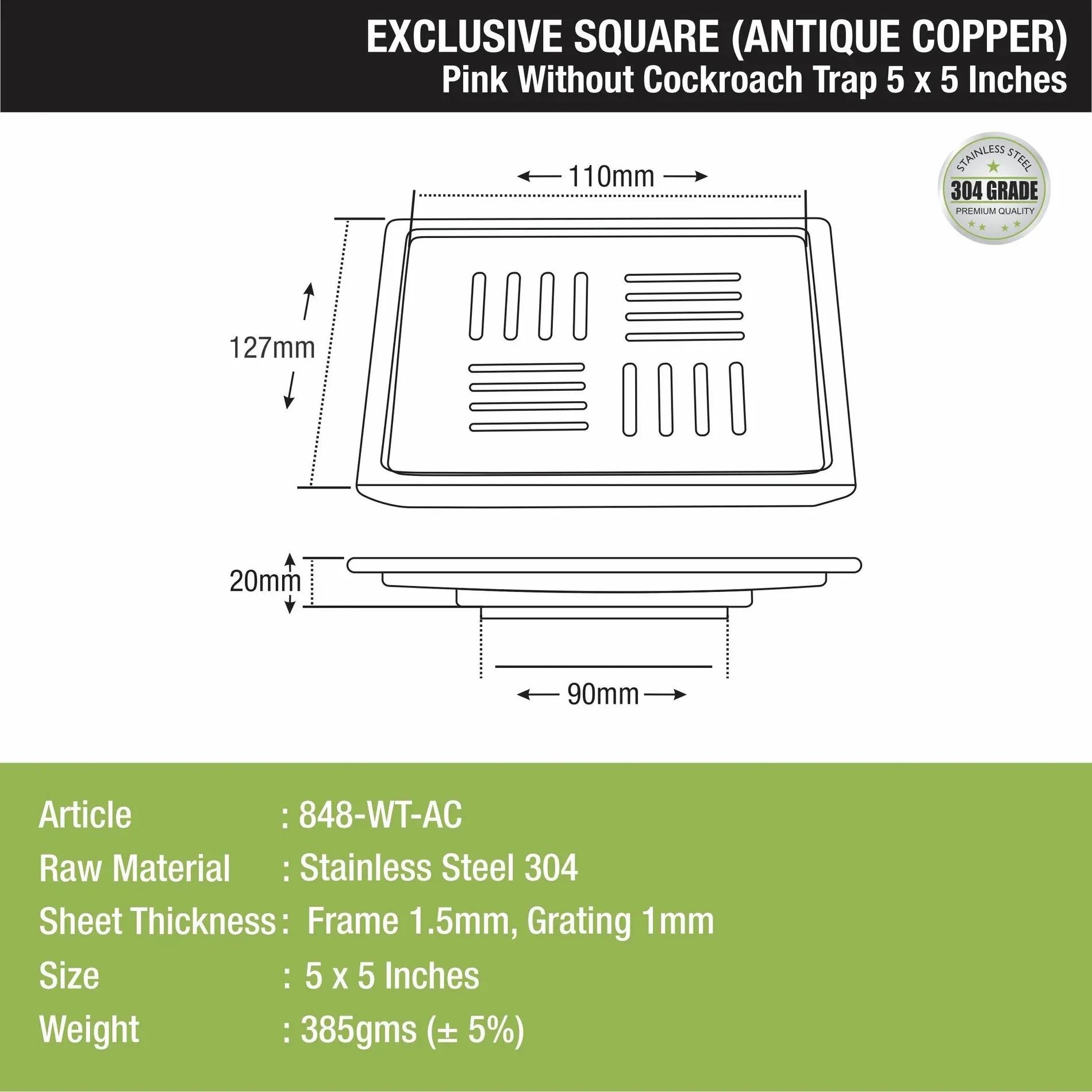 Lipka Pink Exclusive Square Floor Drain in Antique Copper PVD Coating (5 x 5 Inches) 1