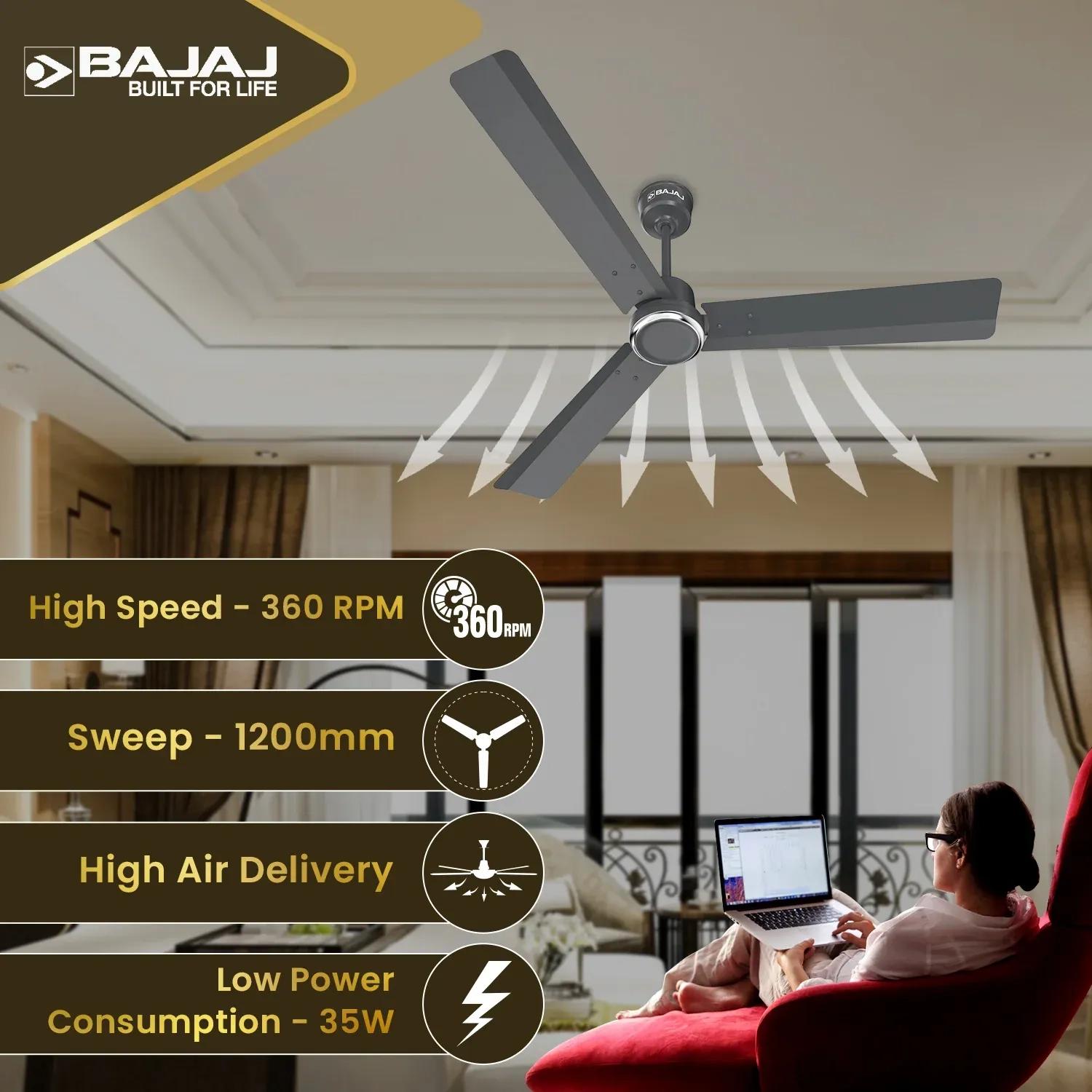 Bajaj Classico Sleek Plus 1200mm Ceiling Fan - Coal Grey 4