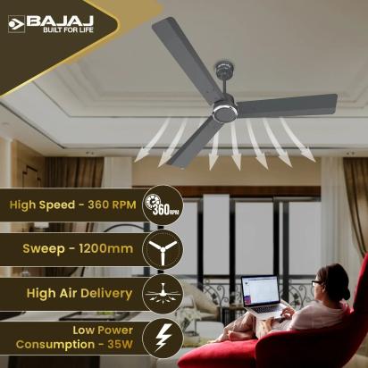 Bajaj Classico Sleek Plus 1200mm Ceiling Fan - Coal Grey by Bajaj : Colours available: SlateGray 12 4