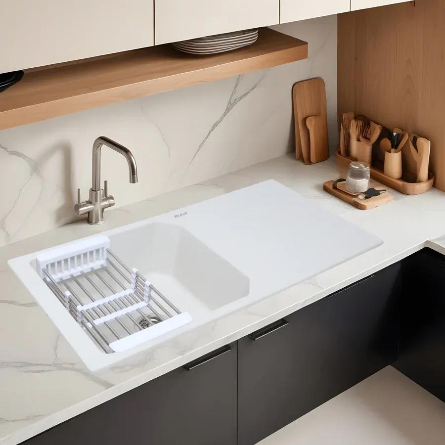 Ruhe Quartz Single Bowl With Drainboard Kitchen Sink - 39 X 20 X 9 Inches - White