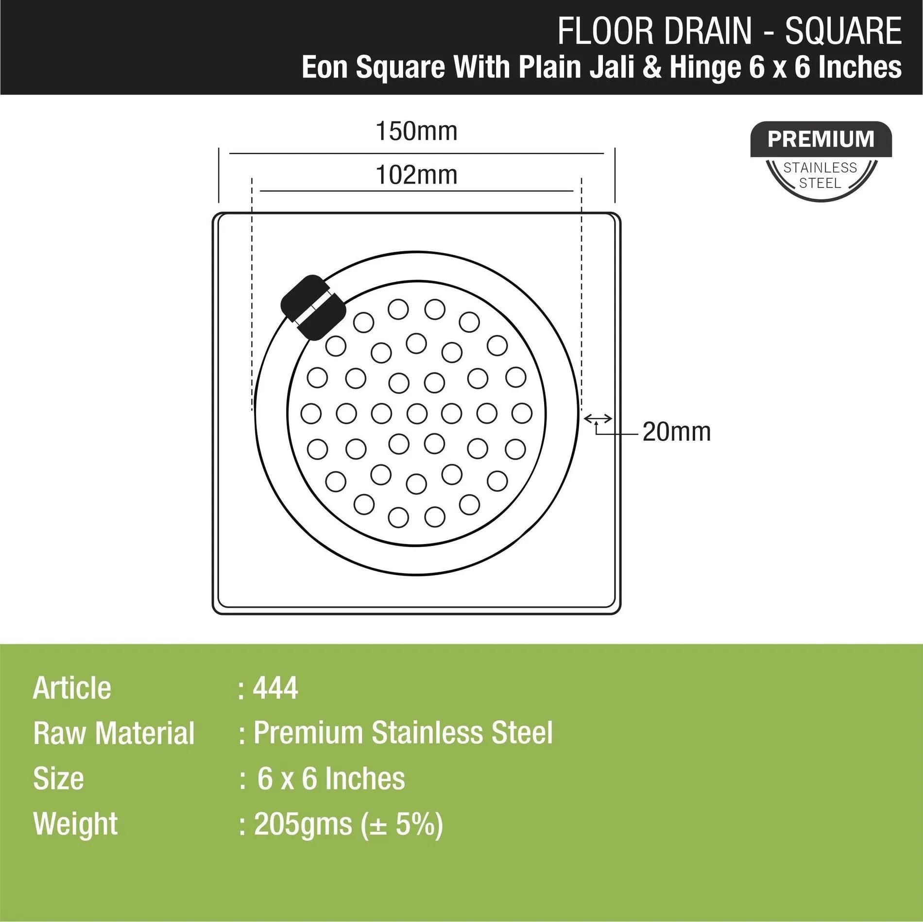 Lipka Eon Square Floor Drain with Plain Jali and Hinge (6 x 6 Inches) 1
