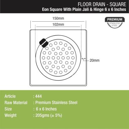 Lipka Eon Square Floor Drain with Plain Jali and Hinge (6 x 6 Inches) 1
