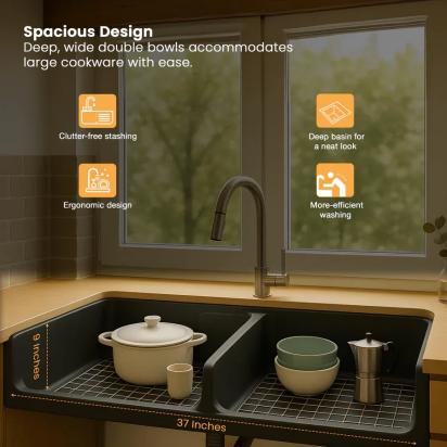 Ruhe Quartz Double Bowl Kitchen Sink 37 X 18 X 9 Inches - Tan by Ruhe : Colours available: Tan 13 5