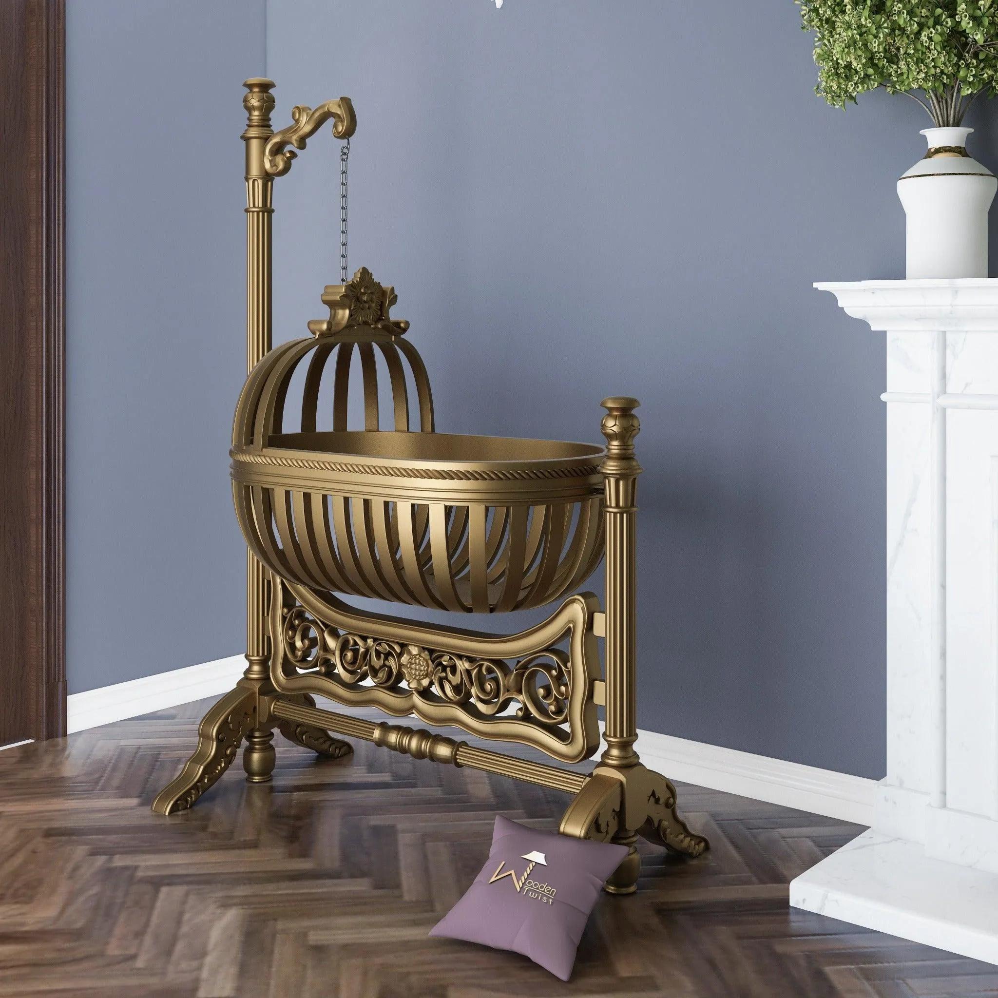 Wooden Twist Royal Teak Wood Baby Cradle (Golden Finish)