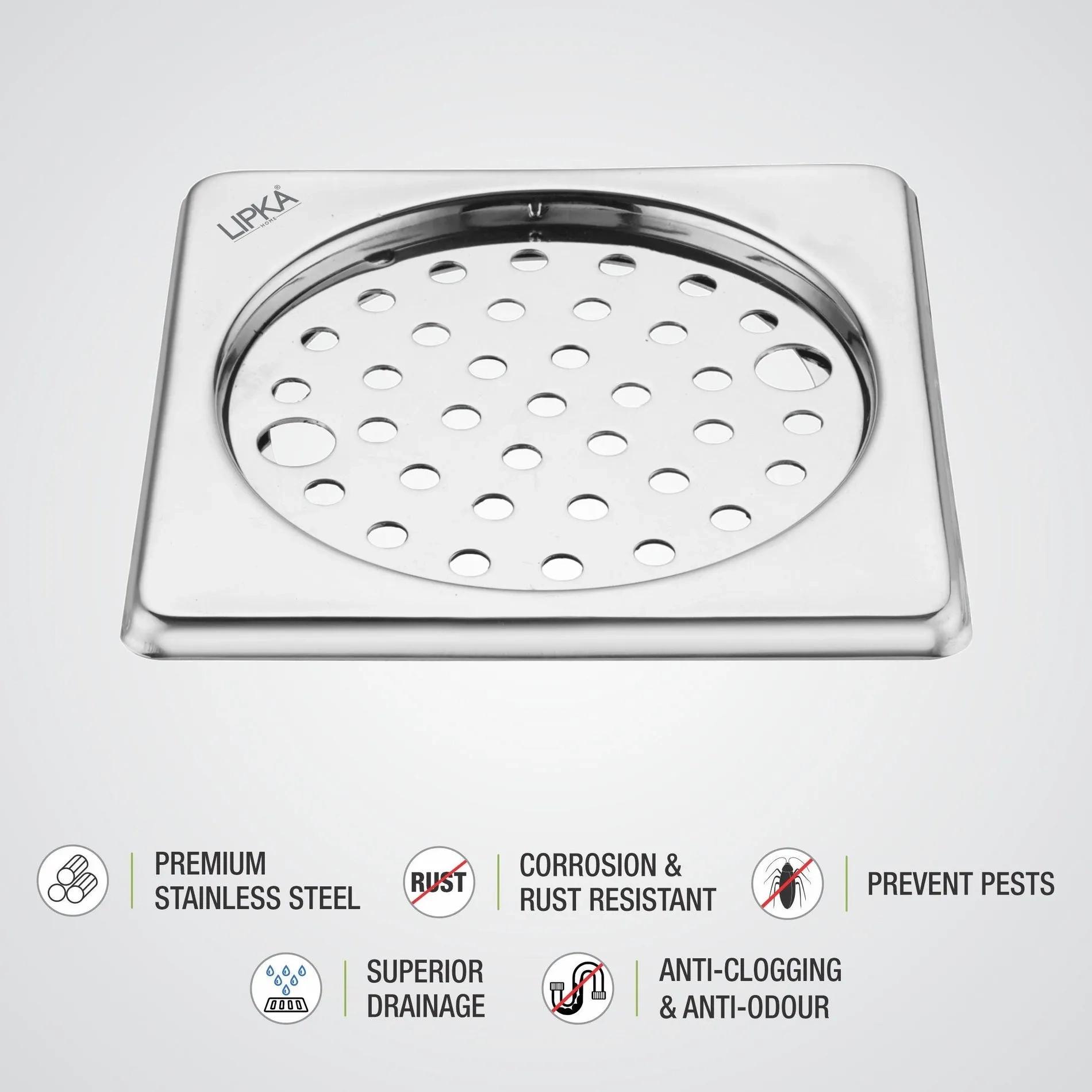 Lipka Eon Square Floor Drain with Plain Jali and Lock (6 x 6 Inches) 2