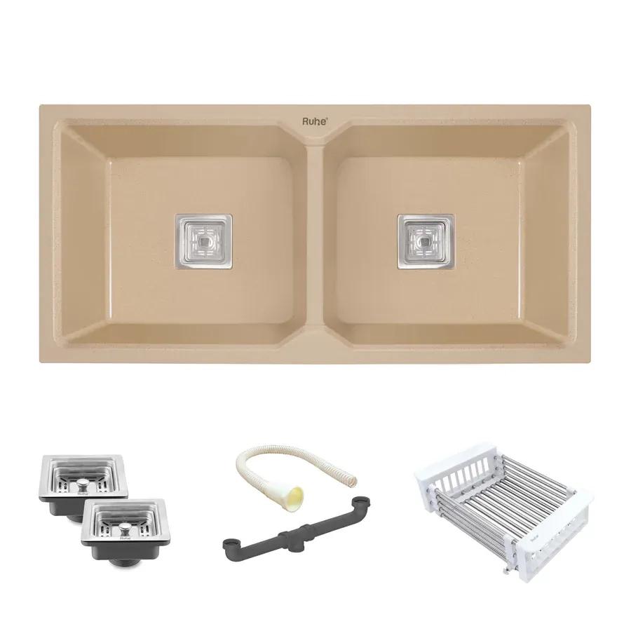 Ruhe Quartz Double Bowl Kitchen Sink 37 X 18 X 9 Inches - Tan 1