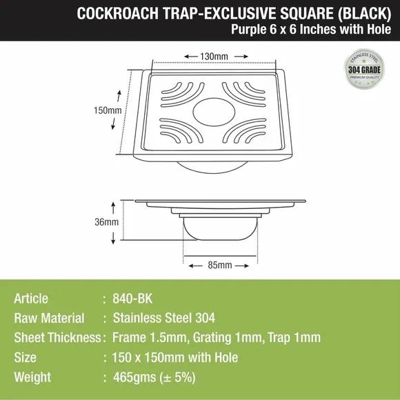 Lipka Purple Exclusive Square Floor Drain in Black PVD Coating (6 x 6 Inches) with Hole & Cockroach Trap 1