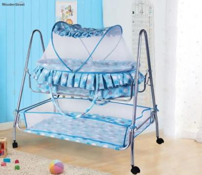 Wooden Street Blue Baby Cot with Detachable Basket and Mosquito Protection Net