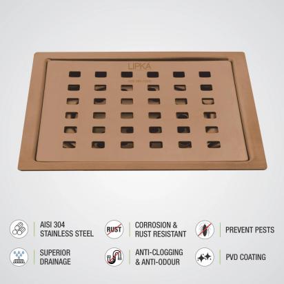 Lipka Red Exclusive Square Flat Cut Floor Drain in Antique Copper PVD Coating (5 x 5 Inches) 2
