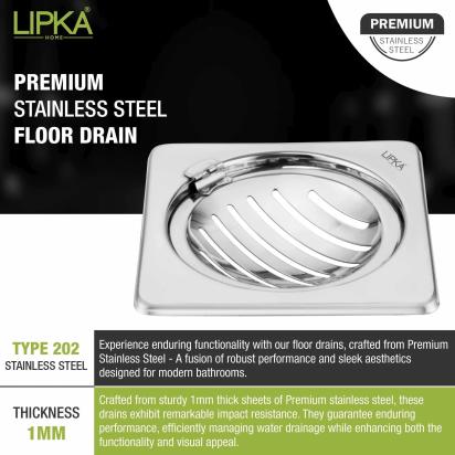 Lipka Eon Square Floor Drain with Classic Jali and Hinge (5 x 5 Inches) 5