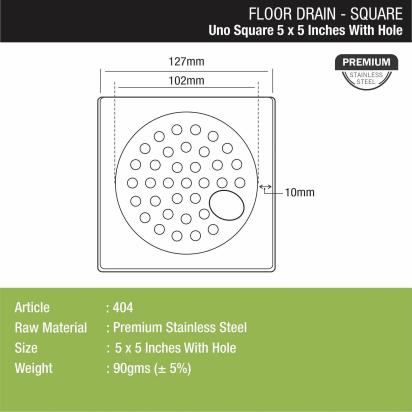 Lipka UNO Square Floor Drain (5 x 5 Inches) with Hole 1