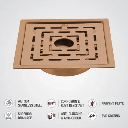 Lipka Orange Exclusive Square Flat Cut Floor Drain in Antique Copper PVD Coating (6 x 6 Inches) with Hole & Cockroach Trap 2