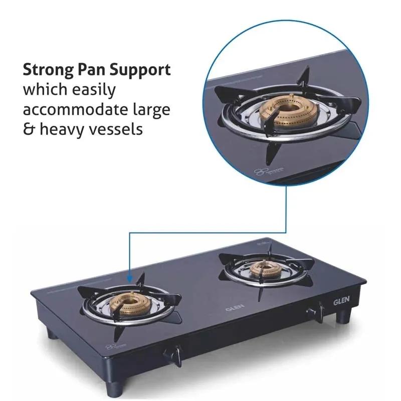 Glen 2 Burner Glass Gas Stove 63 cm|Toughened Glass Top|Extra Large High Flame Brass Burners|Black|Manual Ignition|ISI Certified 3
