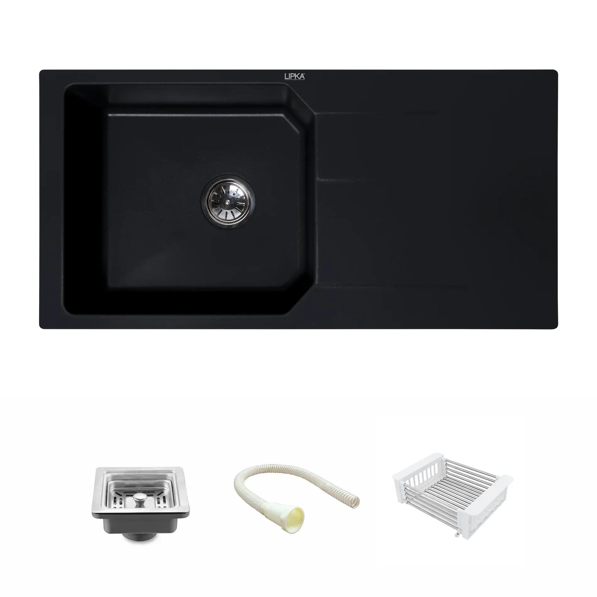 Lipka Black Quartz Single Bowl with Drainboard Kitchen Sink (39 x 20 x 9 Inches) 1
