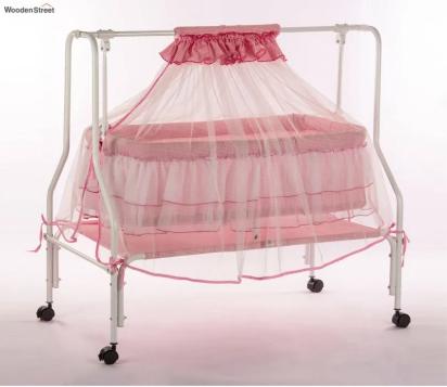 Wooden Street Maia Mosquito Protection Net Movable Steel Baby Cot Pink