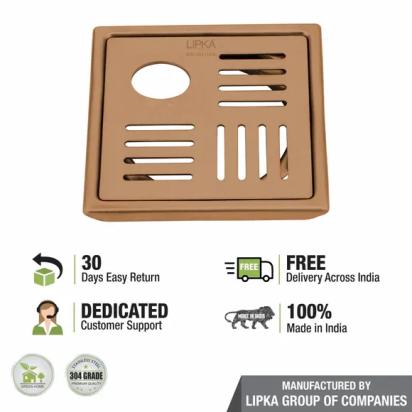 Lipka Pink Exclusive Square Floor Drain in Antique Copper PVD Coating (6 x 6 Inches) with Hole 3