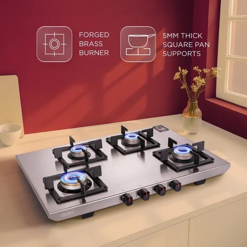 Glen Ultra Tuff Stainless Steel PNG Gas Stove 4 Burner|1 Jumbo Forged Brass Burner|Manual Ignition|Revolving Inlet Nozzle|Warranty 2 Years Standard, 5 Years Burner|1054UTSSPN73 3