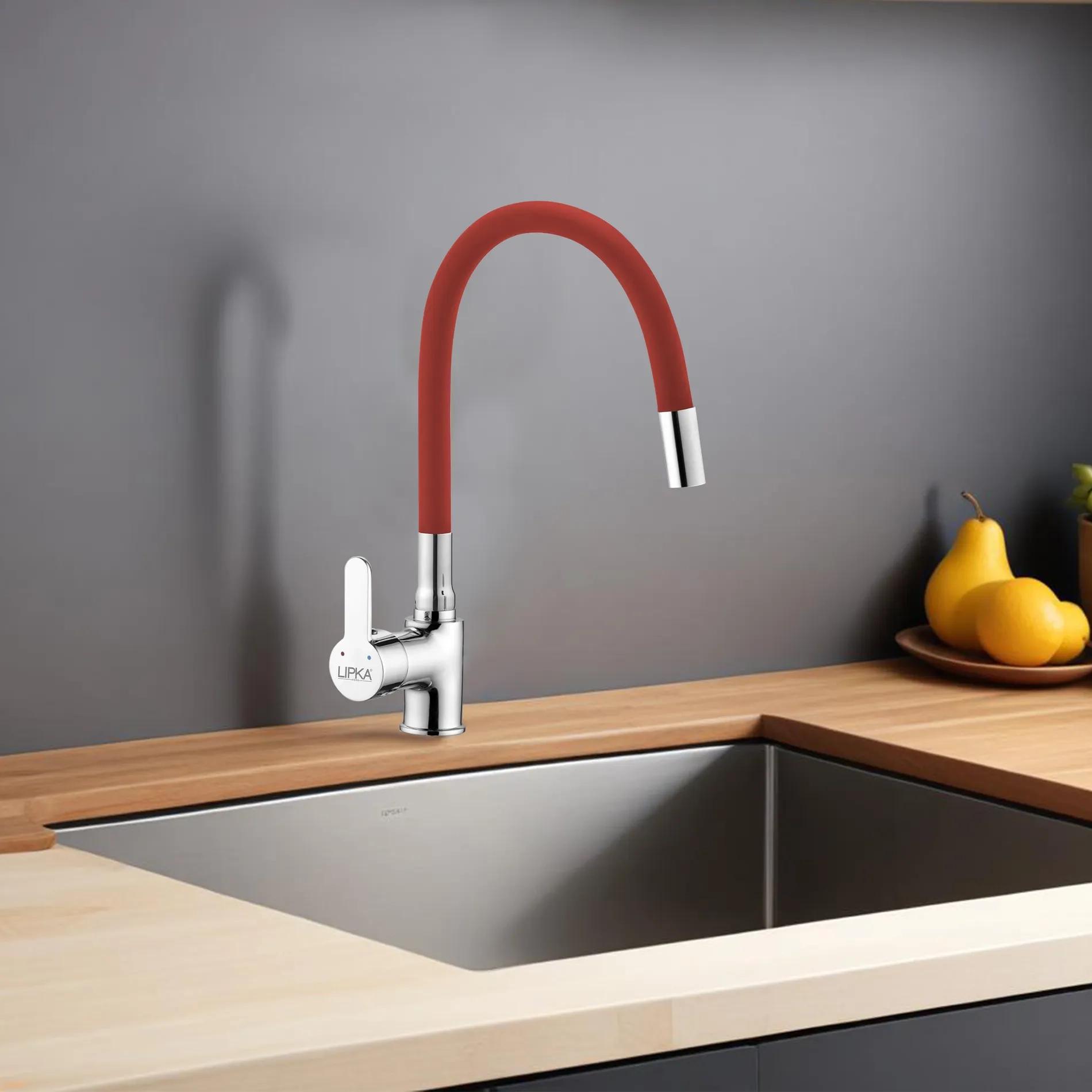 Lipka Fusion Swan Neck Brass Faucet with Flexible Silicone Spout (Red)