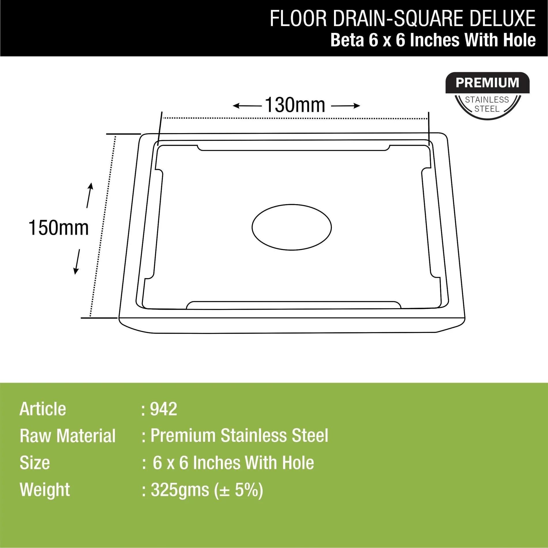 Lipka Beta Deluxe Square Floor Drain (6 x 6 Inches) with Hole 1