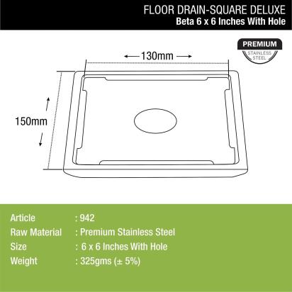 Lipka Beta Deluxe Square Floor Drain (6 x 6 Inches) with Hole 1