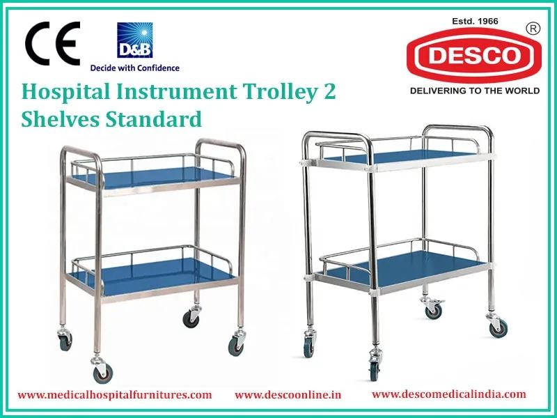 Desco Instrument Trolley Stainless Steel 2 Shelf with Fixed Railing