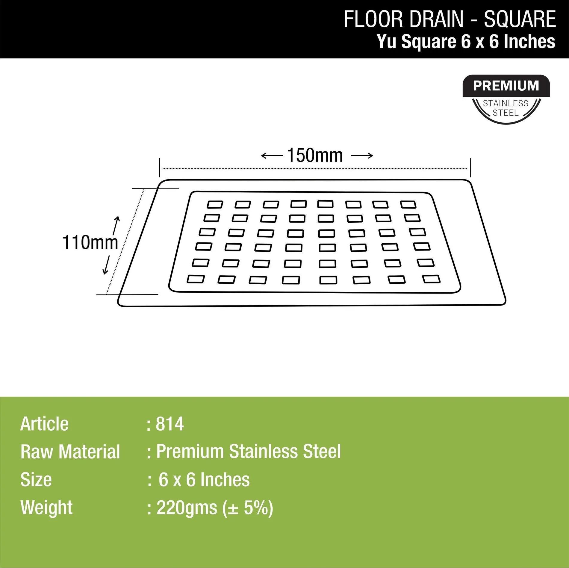 Lipka Eon Square Flat Cut Floor Drain with Plain Jali and Hole (6 x 6 Inches) 1