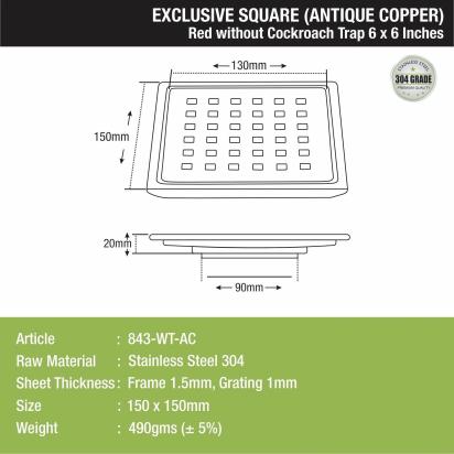 Lipka Red Exclusive Square Floor Drain in Antique Copper PVD Coating (6 x 6 Inches) 1