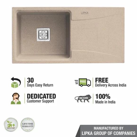 Lipka Sand Choco Quartz Single Bowl with Drainboard Kitchen Sink (39 x 20 x 9 Inches) 4