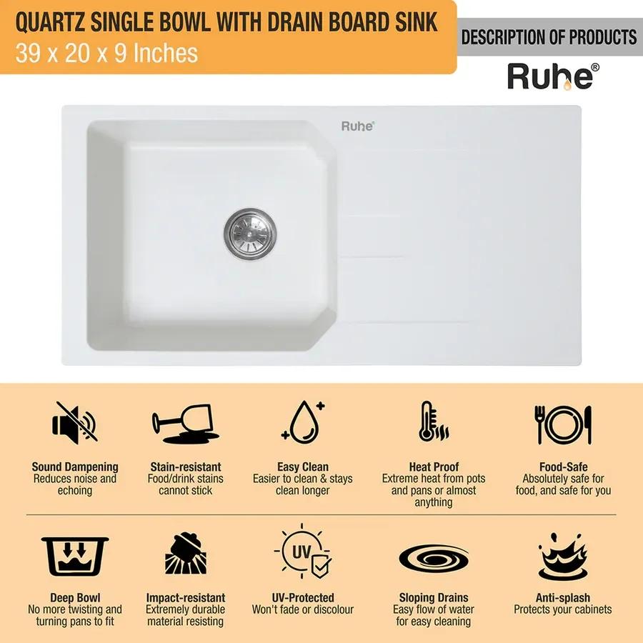 Ruhe Quartz Single Bowl With Drainboard Kitchen Sink - 39 X 20 X 9 Inches - White 3
