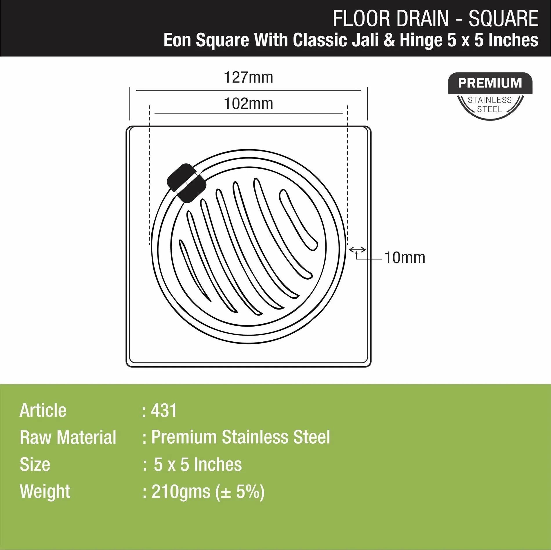 Lipka Eon Square Floor Drain with Classic Jali and Hinge (5 x 5 Inches) 1