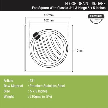Lipka Eon Square Floor Drain with Classic Jali and Hinge (5 x 5 Inches) 1