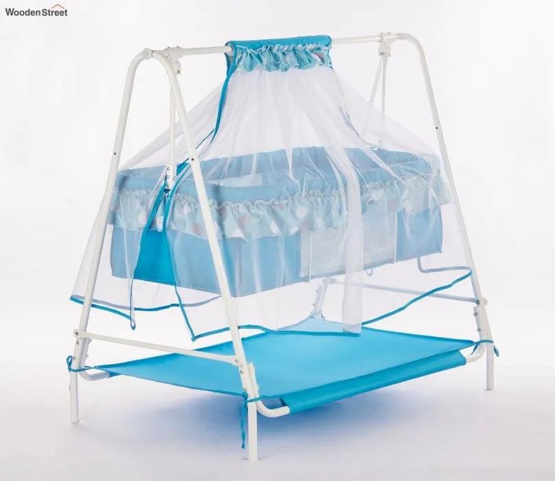 Wooden Street Desswith Maia Movable Steel with Mosquito Protection Net Baby Cot Blue