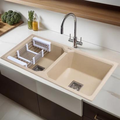 Ruhe Quartz Double Bowl Kitchen Sink 37 X 18 X 9 Inches - Tan by Ruhe : Colours available: Tan