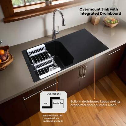 Ruhe Quartz Single Bowl With Drainboard Kitchen Sink - 39 X 20 X 9 Inches - Black by Ruhe : Colours available: Black 12 6