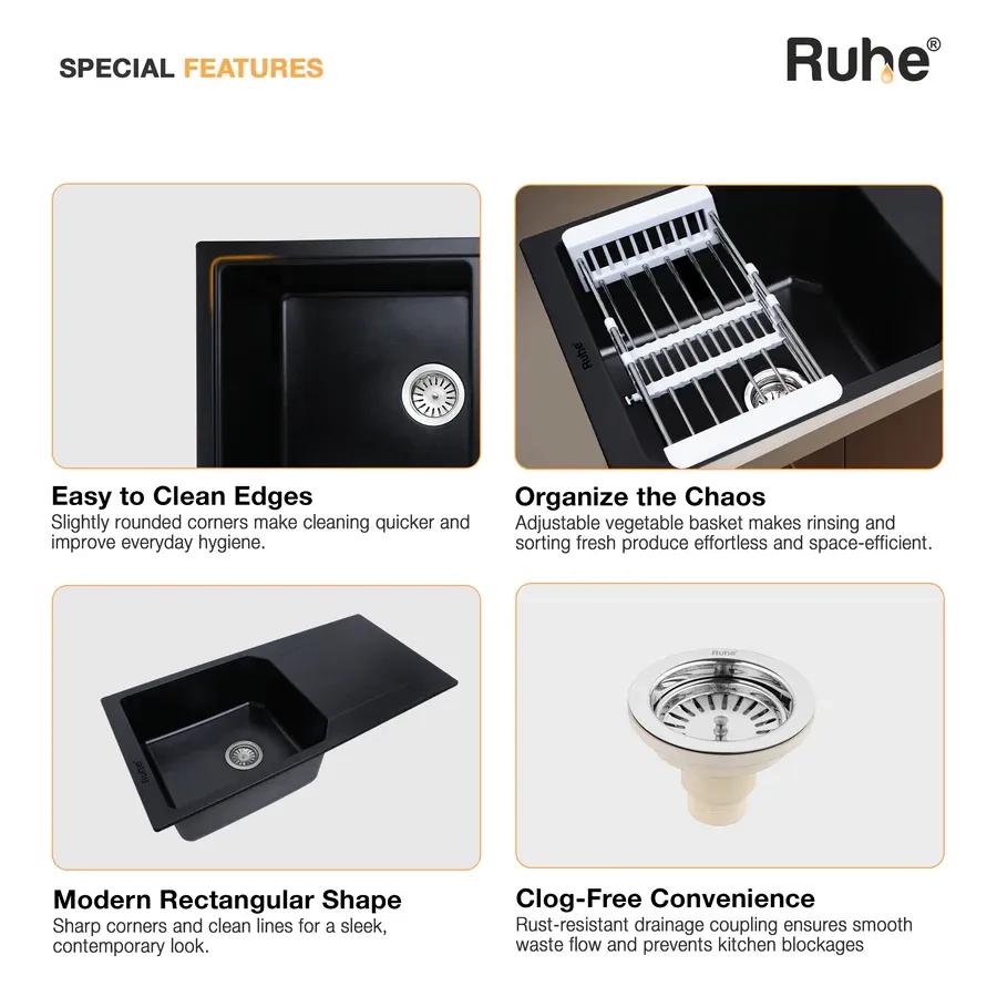 Ruhe Quartz Single Bowl With Drainboard Kitchen Sink - 39 X 20 X 9 Inches - Black 4