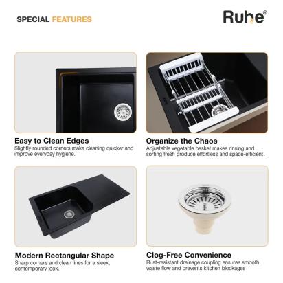 Ruhe Quartz Single Bowl With Drainboard Kitchen Sink - 39 X 20 X 9 Inches - Black by Ruhe : Colours available: Black 10 4