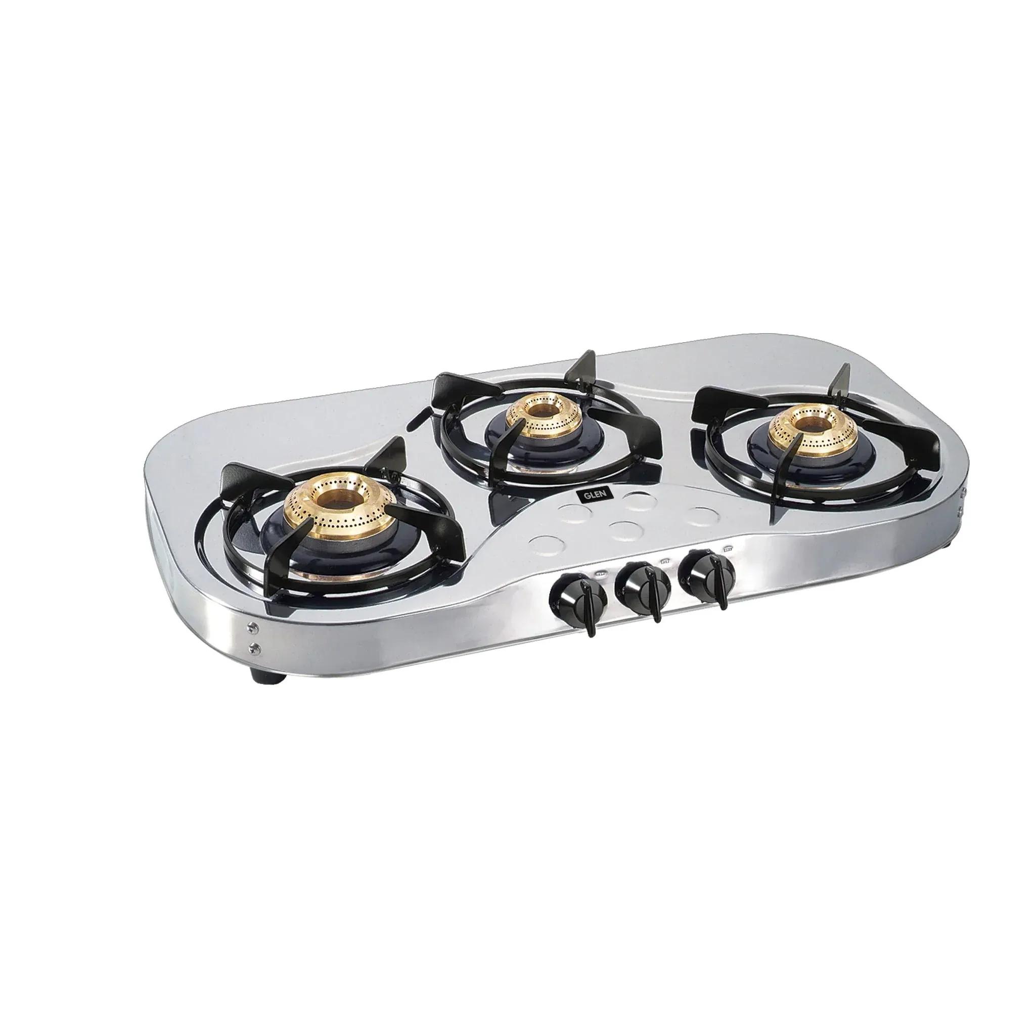 Glen 3 Burner Stainless Steel LPG Gas Stove 72 cm|High Flame Brass Burners|360° Revolving Inlet Nozzle|Manual Ignition|ISI Certified|2 Year Warranty