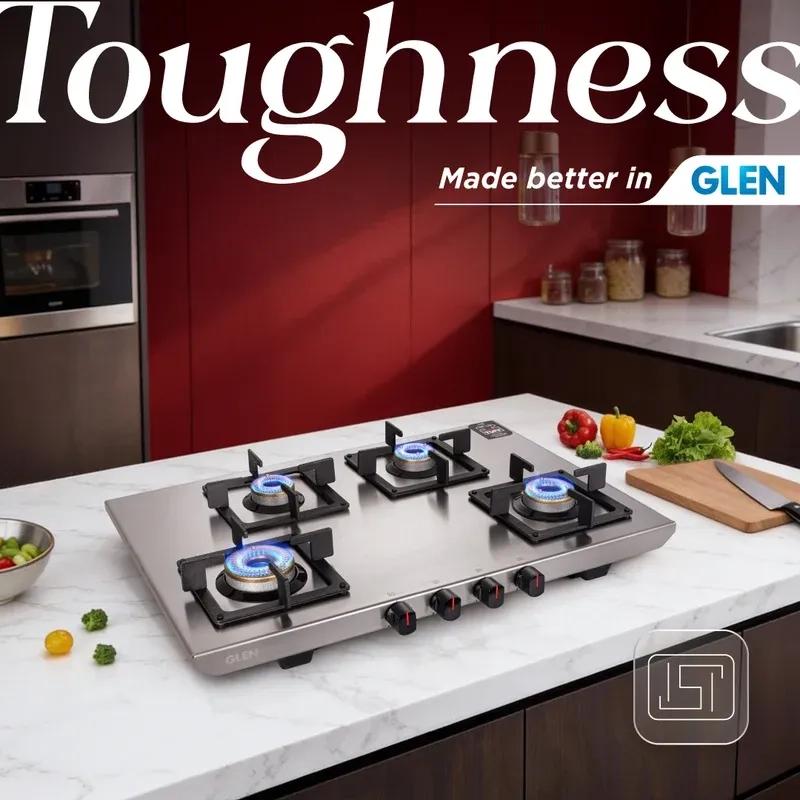 Glen Ultra Tuff Stainless Steel PNG Gas Stove 4 Burner|1 Jumbo Forged Brass Burner|Manual Ignition|Revolving Inlet Nozzle|Warranty 2 Years Standard, 5 Years Burner|1054UTSSPN73 1
