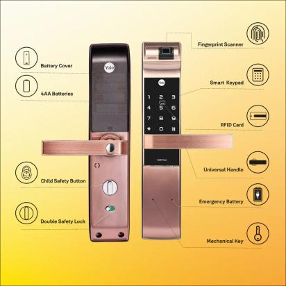 YDM 7116A Smart Lock Red Bronze YDM 7116A Smart Lock with Fingerprint PIN Code RFID Card Mechanical Key Bluetooth module by Yale 3 1