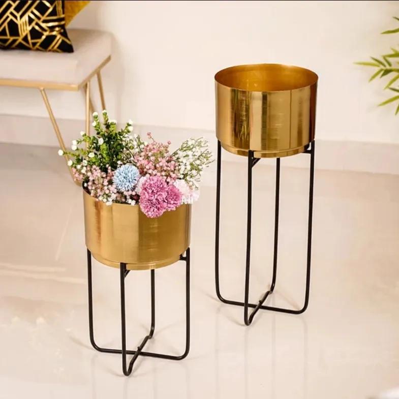 Nestasia Luxe Metal Floor Planter With Stand Gold Set Of 2 2