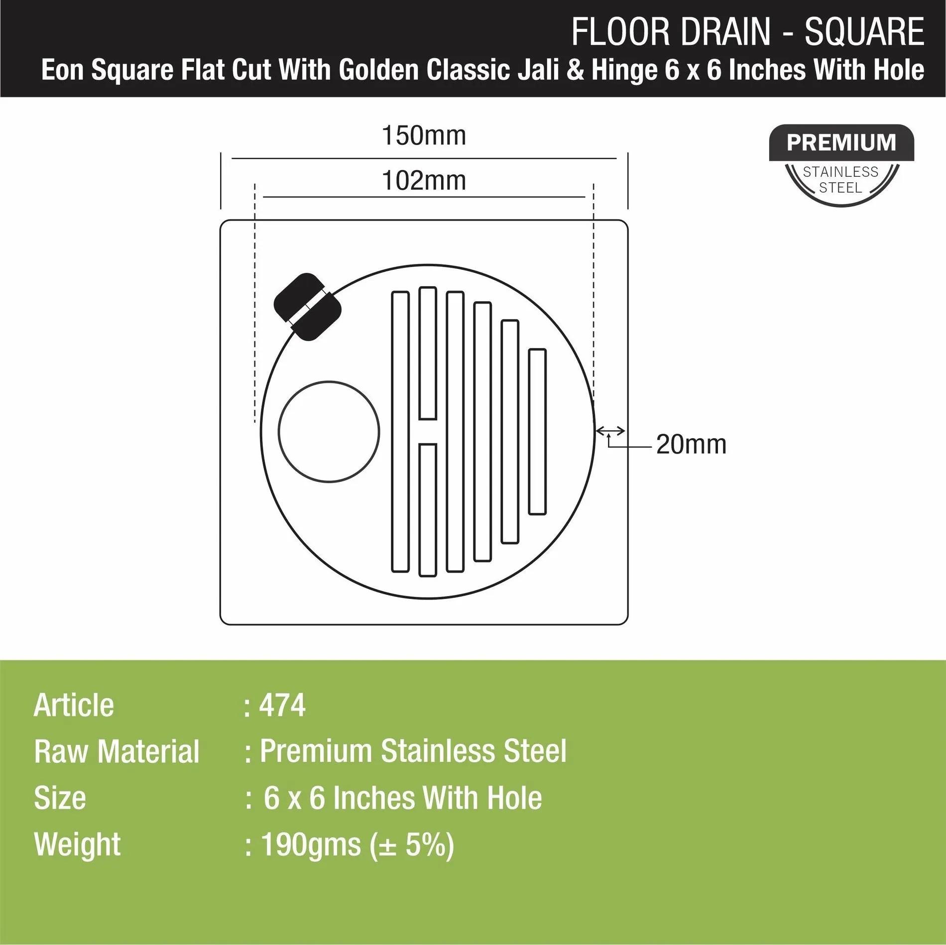 Lipka Eon Square Flat Cut Floor Drain with Golden Classic Jali, Hinge and Hole (6 x 6 Inches) 1