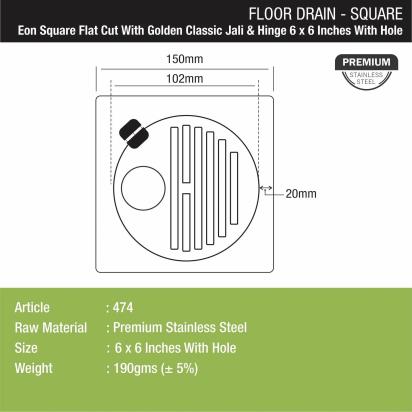 Lipka Eon Square Flat Cut Floor Drain with Golden Classic Jali, Hinge and Hole (6 x 6 Inches) 1