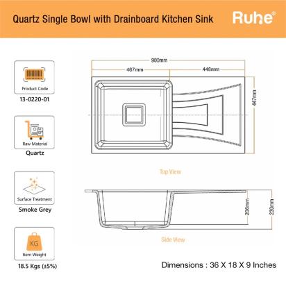 Ruhe Quartz Single Bowl With Drainboard Kitchen Sink -  36 X 18 X 9 Inches - Grey by Ruhe : Colours available: Grey 1 2
