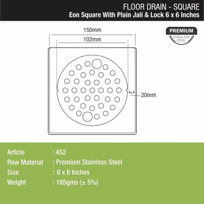 Lipka Eon Square Floor Drain with Plain Jali and Lock (6 x 6 Inches) 1