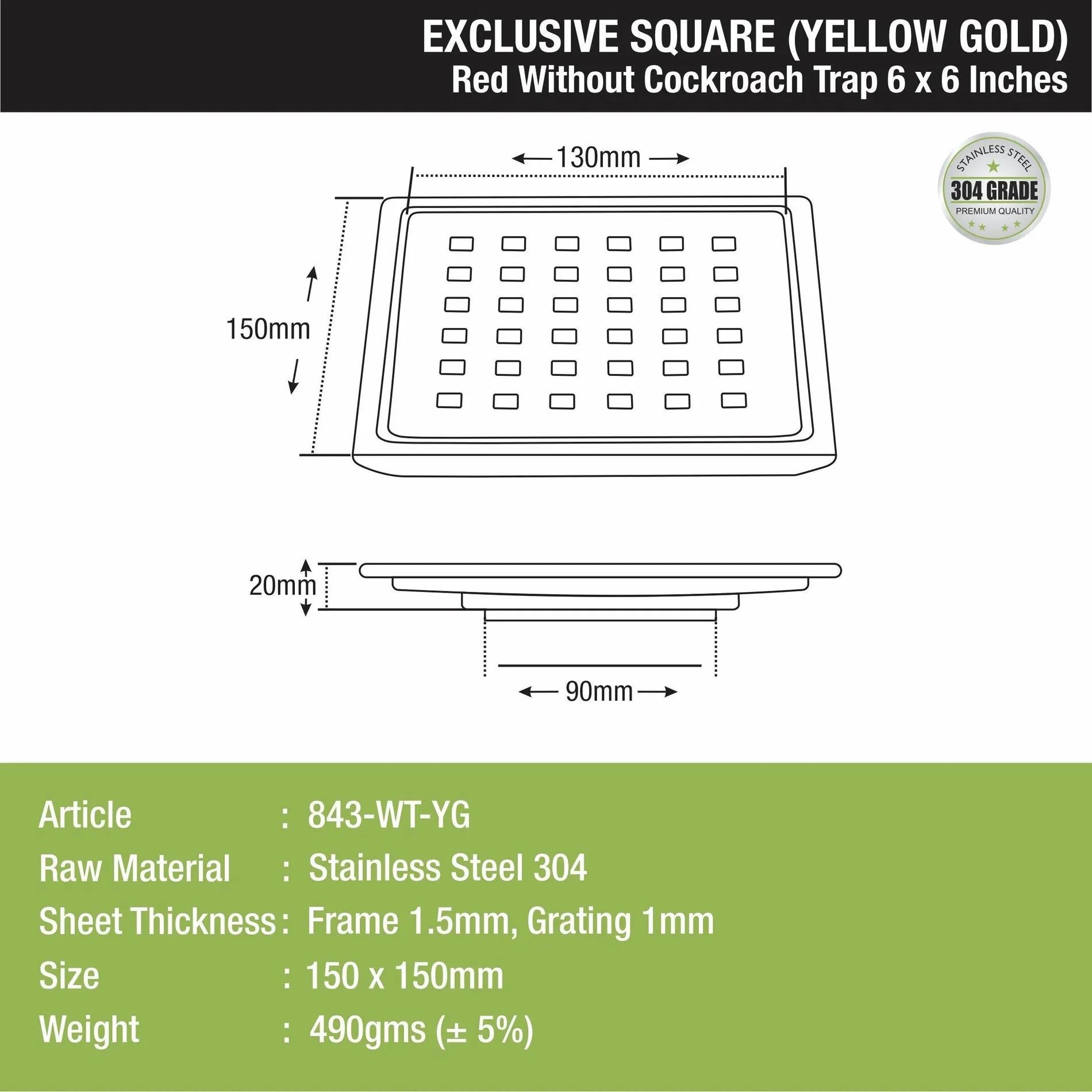 Red Exclusive Square Floor Drain in Yellow Gold PVD Coating (6 x 6 Inches) 1