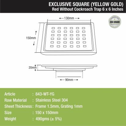 Red Exclusive Square Floor Drain in Yellow Gold PVD Coating (6 x 6 Inches) 1